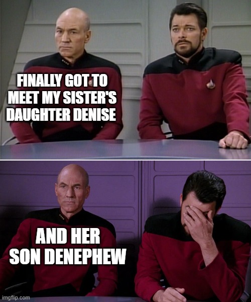 Picard Riker listening to a pun | FINALLY GOT TO MEET MY SISTER'S DAUGHTER DENISE; AND HER SON DENEPHEW | image tagged in picard riker listening to a pun | made w/ Imgflip meme maker