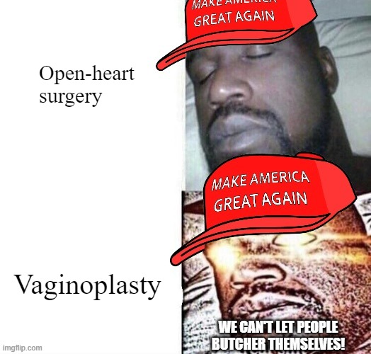 They use the ick factor as if medical intervention is always wrong. | Open-heart surgery; Vaginoplasty; WE CAN'T LET PEOPLE BUTCHER THEMSELVES! | image tagged in maga shaq i sleep real shit,transphobic,conservative logic,medical,surgery,transgender | made w/ Imgflip meme maker