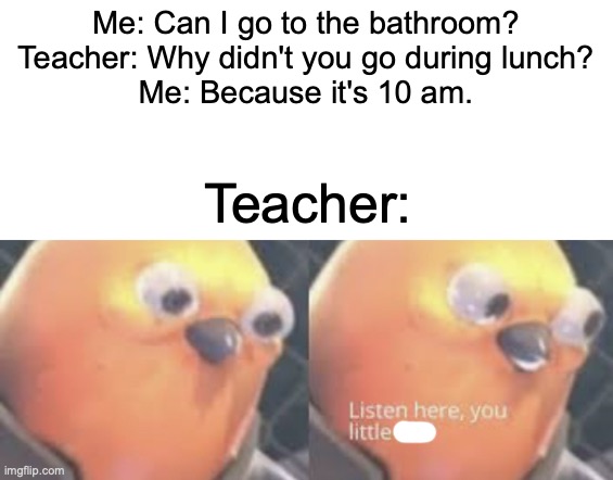 Didn't expect that, didn't you | Me: Can I go to the bathroom?

Teacher: Why didn't you go during lunch?
Me: Because it's 10 am. Teacher: | image tagged in listen here you little shit bird,memes,funny,school,teacher | made w/ Imgflip meme maker