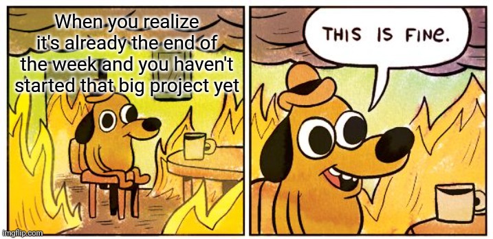 Idk if it's fine | When you realize it's already the end of the week and you haven't started that big project yet | image tagged in memes,this is fine | made w/ Imgflip meme maker