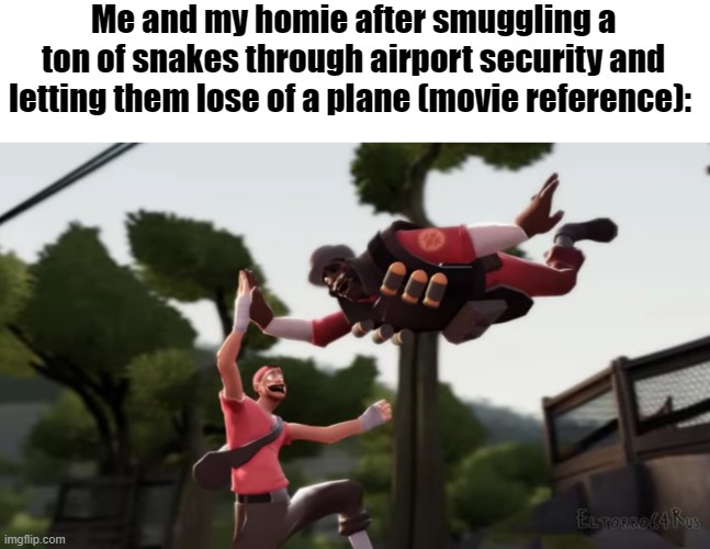 Scout and demoman high fiving | Me and my homie after smuggling a ton of snakes through airport security and letting them lose of a plane (movie reference): | image tagged in scout and demoman high fiving | made w/ Imgflip meme maker