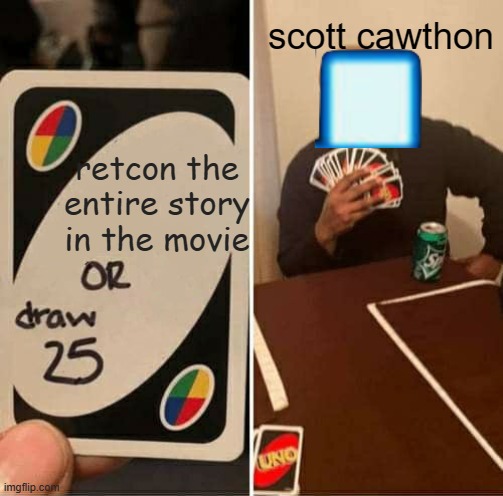 UNO Draw 25 Cards | scott cawthon; retcon the entire story in the movie | image tagged in memes,uno draw 25 cards | made w/ Imgflip meme maker