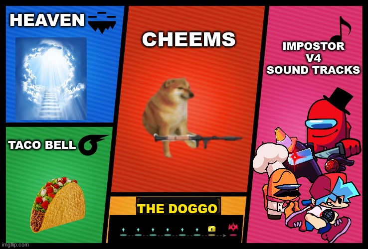 New Super smash bros Ultimate 2 Leaked | HEAVEN; IMPOSTOR V4 SOUND TRACKS; CHEEMS; TACO BELL; THE DOGGO | image tagged in smash ultimate dlc fighter profile,memes,cheems,funny,fnf,super smash bros | made w/ Imgflip meme maker