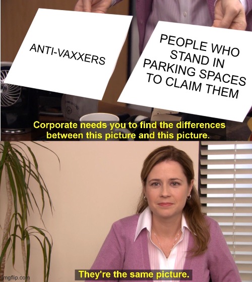 They're The Same Picture Meme | ANTI-VAXXERS; PEOPLE WHO STAND IN PARKING SPACES TO CLAIM THEM | image tagged in memes,they're the same picture | made w/ Imgflip meme maker