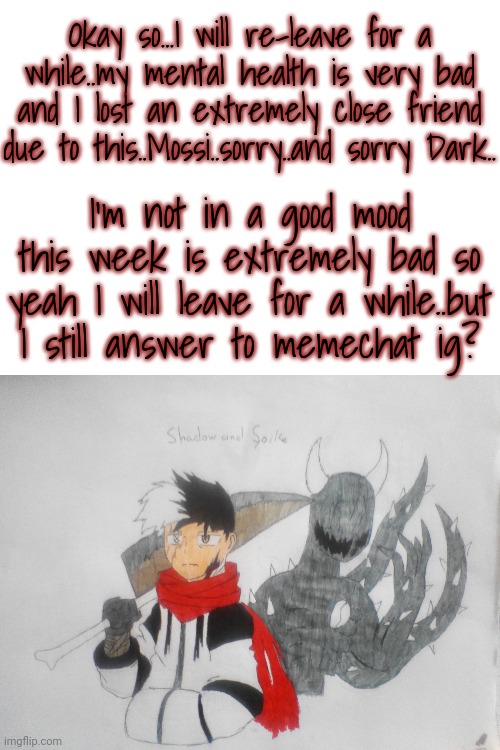 Okay so...I will re-leave for a while..my mental health is very bad and I lost an extremely close friend due to this..Mossi..sorry..and sorry Dark.. I'm not in a good mood this week is extremely bad so yeah I will leave for a while..but I still answer to memechat ig? | image tagged in blank white template,shadow and spike | made w/ Imgflip meme maker