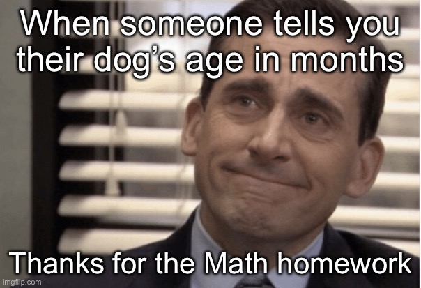 Dog months | When someone tells you their dog’s age in months; Thanks for the Math homework | image tagged in proudness,years,month | made w/ Imgflip meme maker