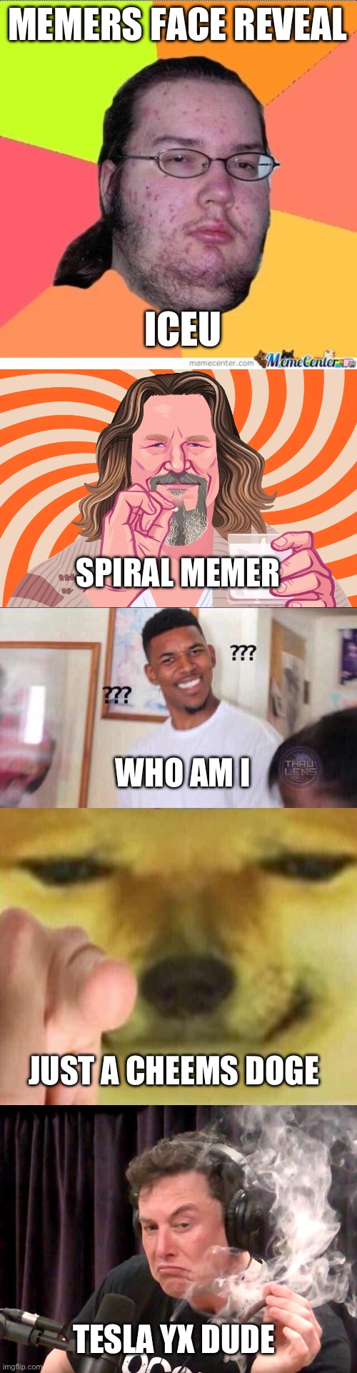 MEMERS FACE REVEAL; ICEU; SPIRAL MEMER; WHO AM I; JUST A CHEEMS DOGE; TESLA YX DUDE | image tagged in nerd,the dude lebowski toke spiral cheers,black guy confused,cheems pointing at you,elon musk weed | made w/ Imgflip meme maker