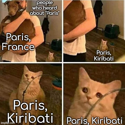 yes Paris, Kiribati exists look him up | people who heard about "Paris"; Paris, France; Paris, Kiribati; Paris, Kiribati; Paris, Kiribati | image tagged in sad cat holding dog | made w/ Imgflip meme maker