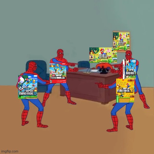 image tagged in spiderman computer desk,spiderman pointing at spiderman,super mario | made w/ Imgflip meme maker