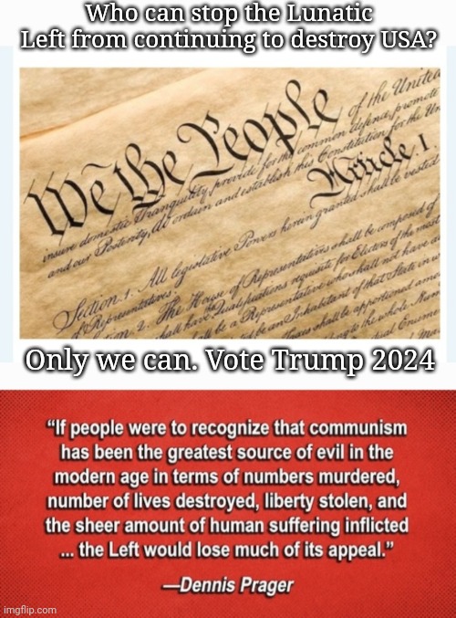 We The People Will Stop The Commie Maniacs | Who can stop the Lunatic Left from continuing to destroy USA? Only we can. Vote Trump 2024 | image tagged in crush,cultural marxism,stop,stupid liberals,vote,president trump | made w/ Imgflip meme maker