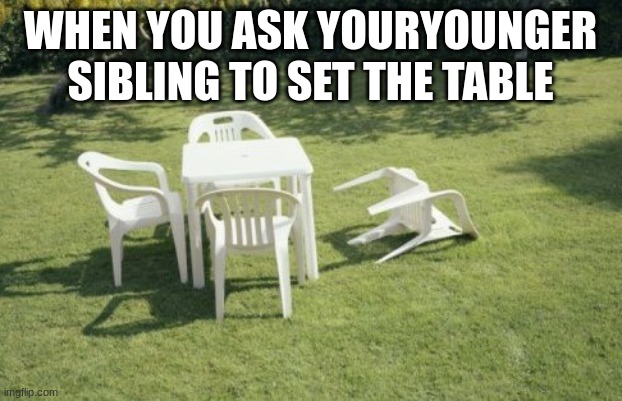 We Will Rebuild | WHEN YOU ASK YOURYOUNGER SIBLING TO SET THE TABLE | image tagged in memes,we will rebuild | made w/ Imgflip meme maker