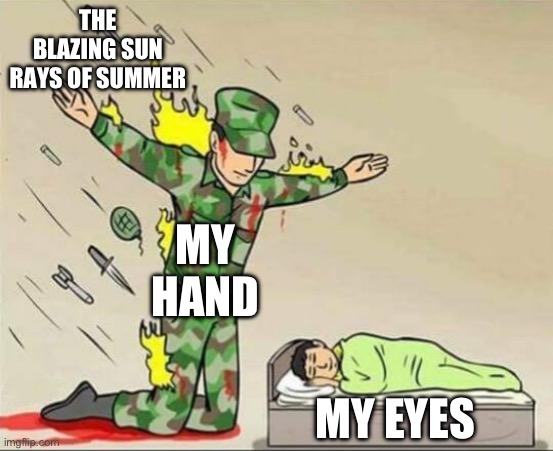Sometimes | THE BLAZING SUN RAYS OF SUMMER; MY HAND; MY EYES | image tagged in soldier protecting sleeping child | made w/ Imgflip meme maker