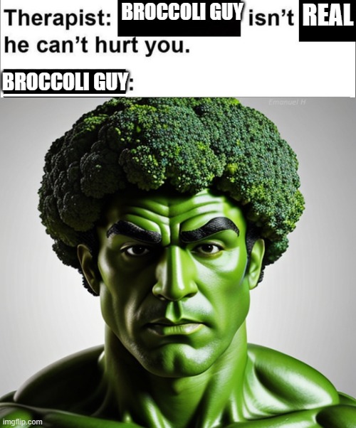 isnt real he cant hurt you | BROCCOLI GUY; REAL; BROCCOLI GUY | image tagged in isnt real he cant hurt you | made w/ Imgflip meme maker