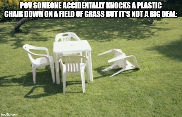 Plastic Chair Anit-Meme | POV SOMEONE ACCIDENTALLY KNOCKS A PLASTIC CHAIR DOWN ON A FIELD OF GRASS BUT IT'S NOT A BIG DEAL: | image tagged in memes,we will rebuild | made w/ Imgflip meme maker