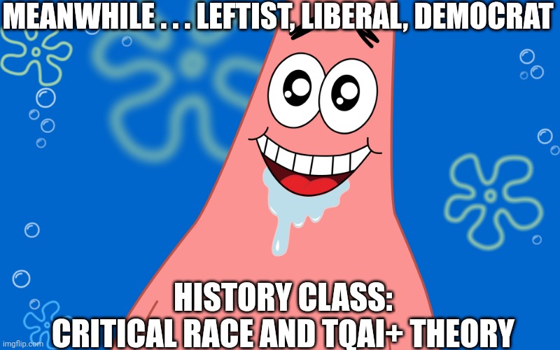 Patrick Drooling Spongebob | MEANWHILE . . . LEFTIST, LIBERAL, DEMOCRAT HISTORY CLASS:
CRITICAL RACE AND TQAI+ THEORY | image tagged in patrick drooling spongebob | made w/ Imgflip meme maker