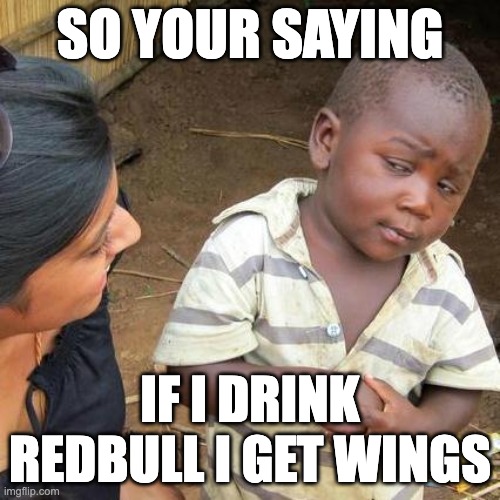 Third World Skeptical Kid | SO YOUR SAYING; IF I DRINK REDBULL I GET WINGS | image tagged in memes,third world skeptical kid | made w/ Imgflip meme maker