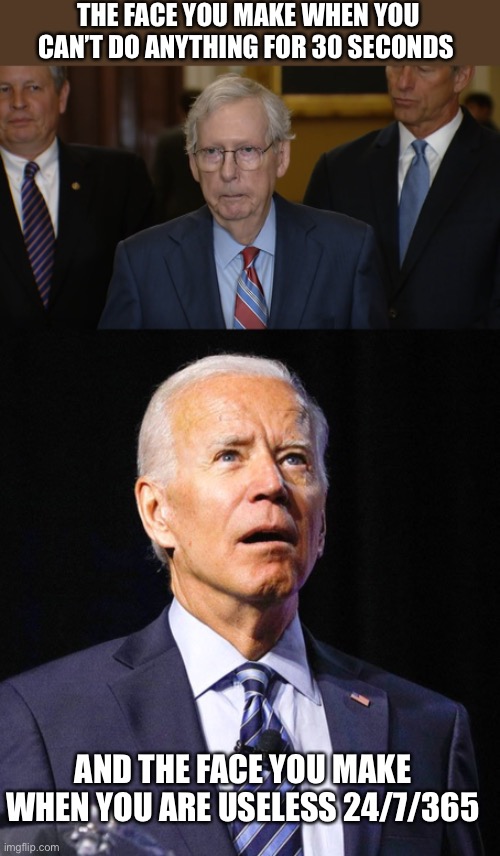 I’ll take Mitch any day over Biden or Feinstein. | THE FACE YOU MAKE WHEN YOU CAN’T DO ANYTHING FOR 30 SECONDS; AND THE FACE YOU MAKE WHEN YOU ARE USELESS 24/7/365 | image tagged in mitch mcconnell freezes up,joe biden | made w/ Imgflip meme maker