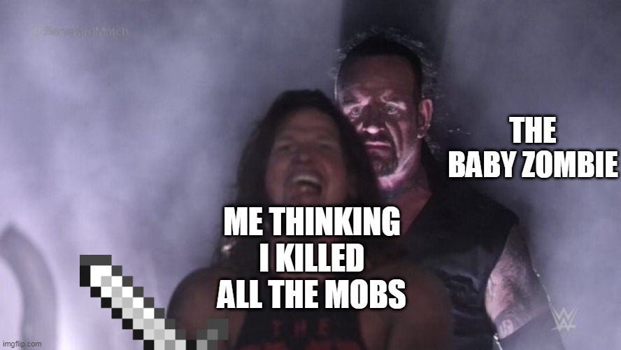 always happens! | THE BABY ZOMBIE; ME THINKING I KILLED ALL THE MOBS | image tagged in aj styles undertaker,minecraft | made w/ Imgflip meme maker