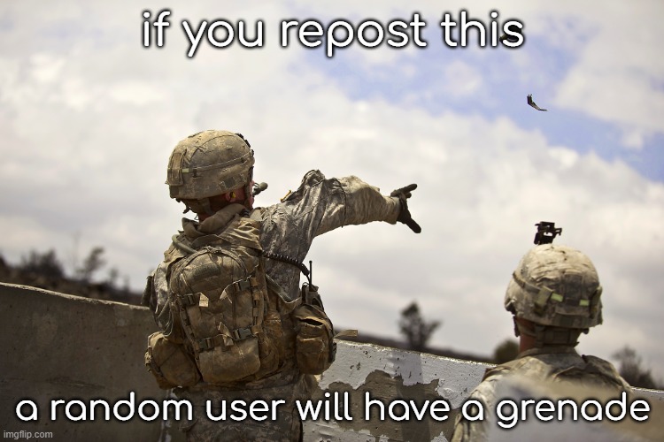 repost | if you repost this; a random user will have a grenade | image tagged in grenade toss | made w/ Imgflip meme maker