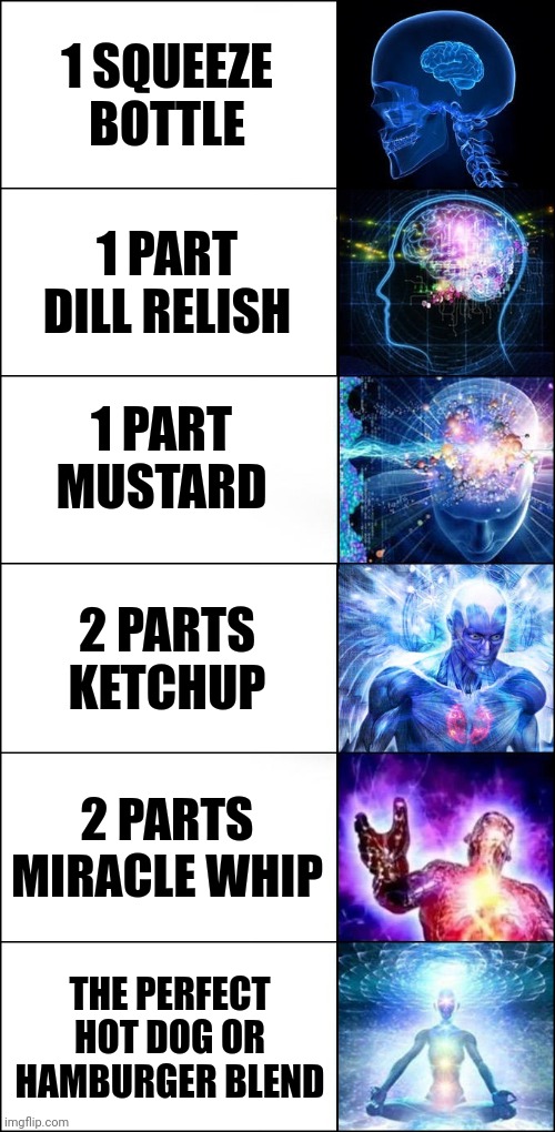 Sometimes my intellagence is immeasurable | 1 SQUEEZE BOTTLE; 1 PART DILL RELISH; 1 PART MUSTARD; 2 PARTS KETCHUP; 2 PARTS MIRACLE WHIP; THE PERFECT HOT DOG OR HAMBURGER BLEND | image tagged in galaxy brain 6-panel fixed,memes,redneck ingenuity,labor day,cookout | made w/ Imgflip meme maker