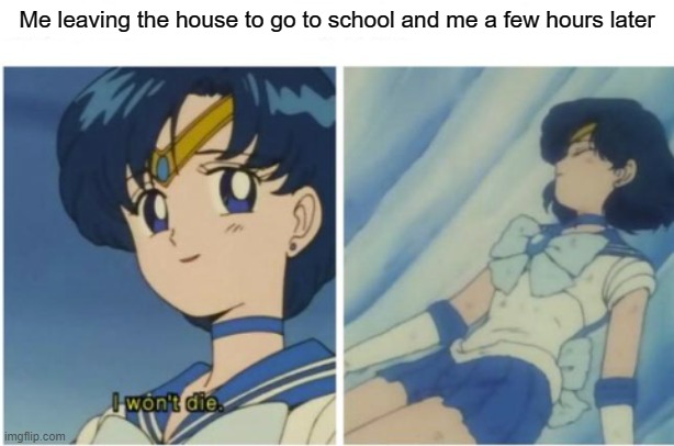 its true | Me leaving the house to go to school and me a few hours later | image tagged in i wont die,sailor moon,school,memes | made w/ Imgflip meme maker