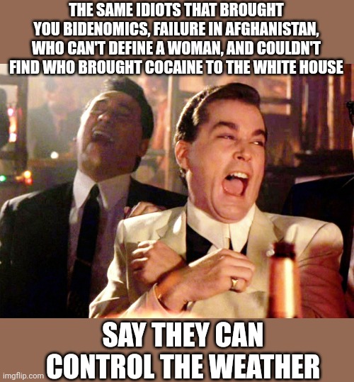 Good Fellas Hilarious | THE SAME IDIOTS THAT BROUGHT YOU BIDENOMICS, FAILURE IN AFGHANISTAN, WHO CAN'T DEFINE A WOMAN, AND COULDN'T FIND WHO BROUGHT COCAINE TO THE WHITE HOUSE; SAY THEY CAN CONTROL THE WEATHER | image tagged in memes,good fellas hilarious | made w/ Imgflip meme maker
