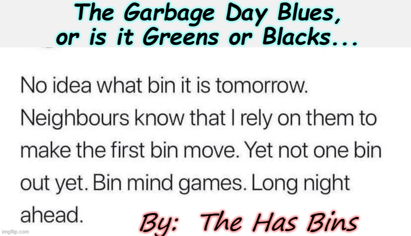 Colin du Bins | The Garbage Day Blues, or is it Greens or Blacks... By:  The Has Bins | image tagged in satire,recycle bins,garbage day | made w/ Imgflip meme maker