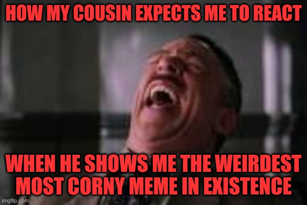 frl though | HOW MY COUSIN EXPECTS ME TO REACT; WHEN HE SHOWS ME THE WEIRDEST MOST CORNY MEME IN EXISTENCE | image tagged in funny | made w/ Imgflip meme maker