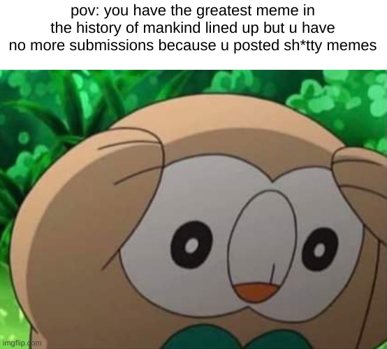 why must there be a limit in the fun stream | pov: you have the greatest meme in the history of mankind lined up but u have no more submissions because u posted sh*tty memes | image tagged in distressed rowlet,ughhhhhhh | made w/ Imgflip meme maker