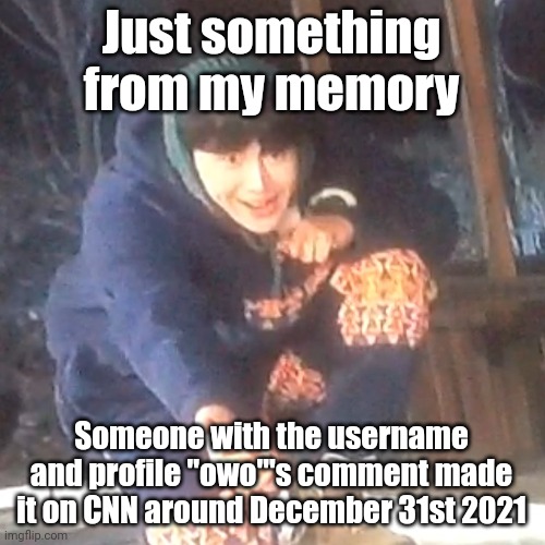 w | Just something from my memory; Someone with the username and profile "owo"'s comment made it on CNN around December 31st 2021 | image tagged in w | made w/ Imgflip meme maker