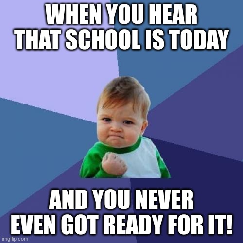 Kids Kids Kids | WHEN YOU HEAR THAT SCHOOL IS TODAY; AND YOU NEVER EVEN GOT READY FOR IT! | image tagged in memes,success kid | made w/ Imgflip meme maker