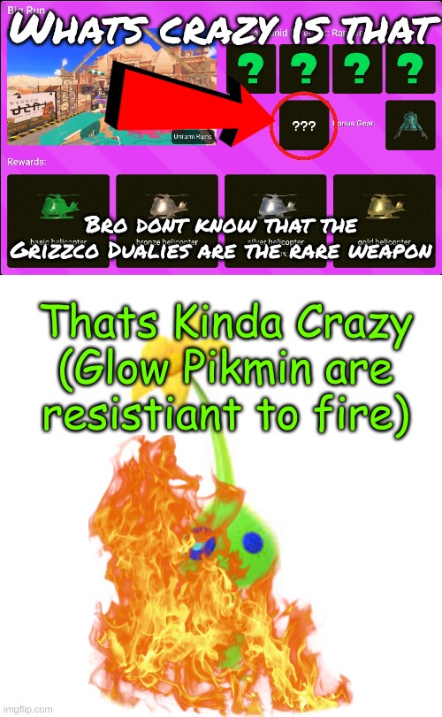 thats crazy | Whats crazy is that; Bro dont know that the Grizzco Dualies are the rare weapon; Thats Kinda Crazy (Glow Pikmin are resistiant to fire) | made w/ Imgflip meme maker