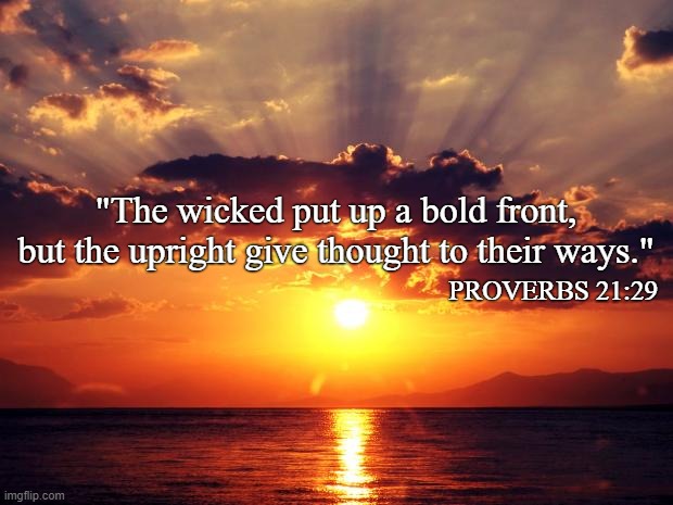 Sunset | PROVERBS 21:29; "The wicked put up a bold front,
but the upright give thought to their ways." | image tagged in sunset,prov 21 29 | made w/ Imgflip meme maker