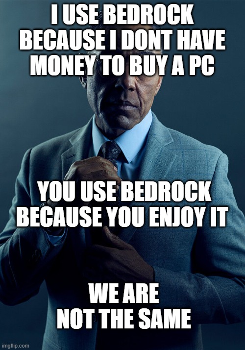 we are not the same | I USE BEDROCK BECAUSE I DONT HAVE MONEY TO BUY A PC; YOU USE BEDROCK BECAUSE YOU ENJOY IT; WE ARE NOT THE SAME | image tagged in gus fring we are not the same | made w/ Imgflip meme maker