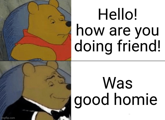 We all have that one friend that's just using perfect grammar tho | Hello! how are you doing friend! Was good homie | image tagged in memes,tuxedo winnie the pooh | made w/ Imgflip meme maker