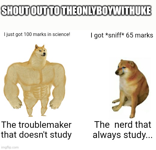 Inspired by TheOnlyBoywithUke's comment | SHOUT OUT TO THEONLYBOYWITHUKE; I just got 100 marks in science! I got *sniff* 65 marks; The troublemaker that doesn't study; The  nerd that always study... | image tagged in memes,buff doge vs cheems | made w/ Imgflip meme maker