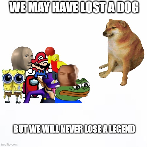 true | WE MAY HAVE LOST A DOG; BUT WE WILL NEVER LOSE A LEGEND | image tagged in white backround | made w/ Imgflip meme maker