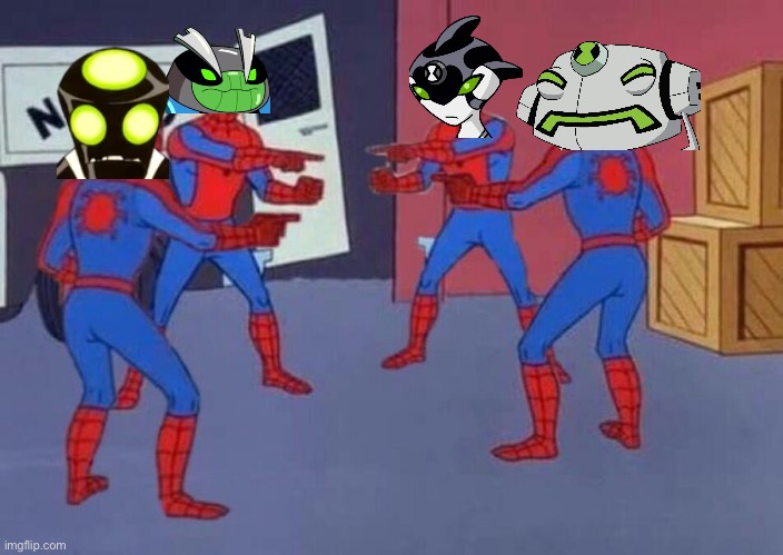 ben’s duplicating aliens be like | image tagged in 4 spiderman pointing at each other | made w/ Imgflip meme maker