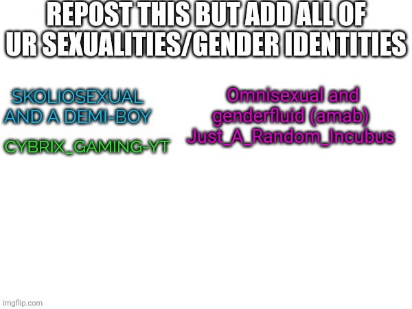 Omnisexual and genderfluid (amab) 
Just_A_Random_Incubus | made w/ Imgflip meme maker