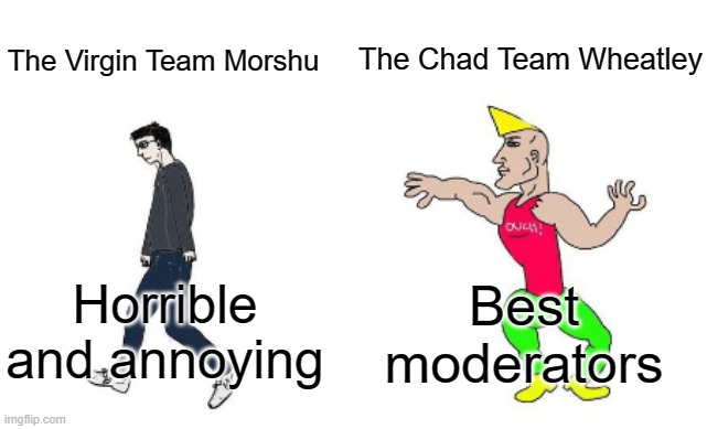 Virgin vs Chad | The Chad Team Wheatley; The Virgin Team Morshu; Best moderators; Horrible and annoying | image tagged in virgin vs chad | made w/ Imgflip meme maker