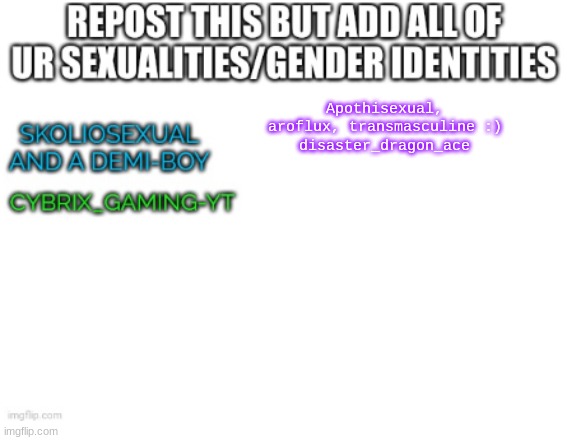 joining the thing | Apothisexual, aroflux, transmasculine :)
disaster_dragon_ace | image tagged in imgflip trends | made w/ Imgflip meme maker