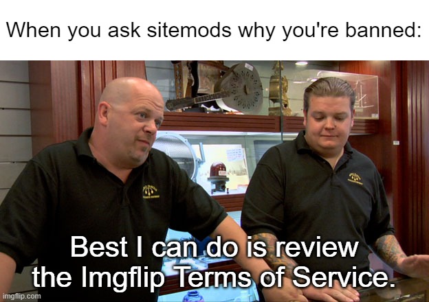 "Harrassing another user" Shut yo bitchass up | When you ask sitemods why you're banned:; Best I can do is review the Imgflip Terms of Service. | image tagged in pawn stars best i can do | made w/ Imgflip meme maker