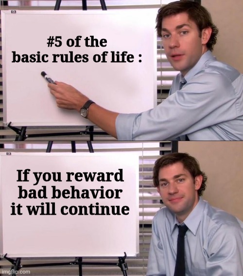 Jim Halpert Explains | #5 of the basic rules of life : If you reward bad behavior it will continue | image tagged in jim halpert explains | made w/ Imgflip meme maker