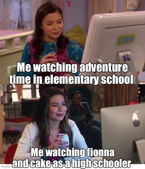 Time to relive those memories of watching the new spinoff | Me watching adventure time in elementary school; Me watching fionna and cake as a high schooler | image tagged in icarly interesting older | made w/ Imgflip meme maker