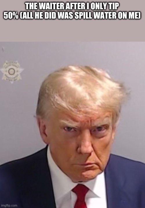 Donald Trump Mugshot | THE WAITER AFTER I ONLY TIP 50% (ALL HE DID WAS SPILL WATER ON ME) | image tagged in donald trump mugshot | made w/ Imgflip meme maker