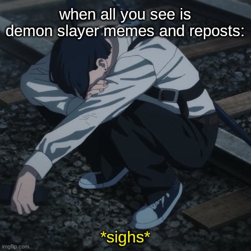Aki | when all you see is demon slayer memes and reposts:; *sighs* | image tagged in aki | made w/ Imgflip meme maker