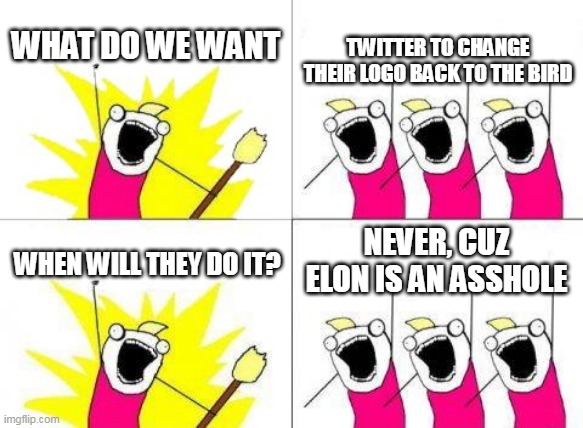 Comment down below if you agree or don't | WHAT DO WE WANT; TWITTER TO CHANGE THEIR LOGO BACK TO THE BIRD; NEVER, CUZ ELON IS AN ASSHOLE; WHEN WILL THEY DO IT? | image tagged in memes,what do we want,twitter,x sucks change the logo | made w/ Imgflip meme maker