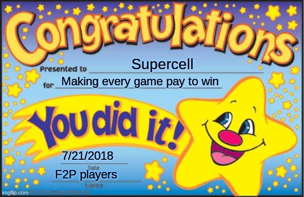Clever title | Supercell; Making every game pay to win; 7/21/2018; F2P players | image tagged in memes,happy star congratulations | made w/ Imgflip meme maker