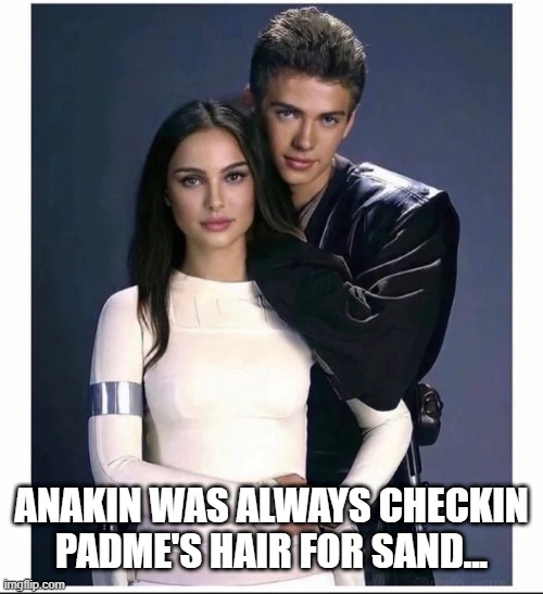 If That Ain't Creepy | ANAKIN WAS ALWAYS CHECKIN PADME'S HAIR FOR SAND... | image tagged in star wars,anakin and padme | made w/ Imgflip meme maker