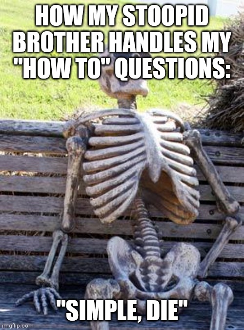 This happend to me so many times | HOW MY STOOPID BROTHER HANDLES MY "HOW TO" QUESTIONS:; "SIMPLE, DIE" | image tagged in memes,waiting skeleton,annoying,brother | made w/ Imgflip meme maker